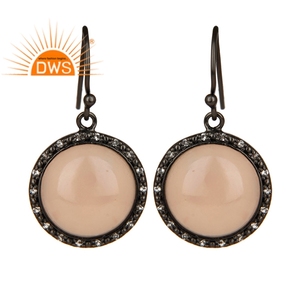 ธรรมชาติรอบตัดกุหลาบ Chalcedony และสีขาวบุษราคัมพลอยลดลงเครื่องประดับต่างหูโรเดียมสีดำ925เครื่องประดับเงินสเตอร์ลิง - Product Image 1