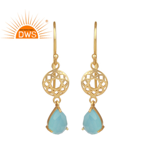 Natural Blue Aqua Chalcedony Gemstone <b>Earring</b> Jewelry Wholesaler 925 Sterling Gold Plated <b>Dangle</b> <b>Silver</b> <b>Earring</b> Jewelry - Product Image 1
