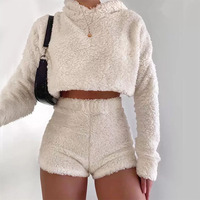 Conjunto de Invierno de 2 Piezas para Mujer, Sudadera Corta con Cierre Completo y Pantalones Cortos a Juego, Forro Polar Sherpa, Logotipo Personalizado, Tejido Transpirable Informal