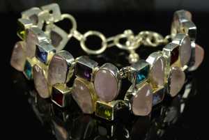 Pulsera Religiosa de Plata de Ley 925 Hecha a Mano con Cuarzo Rosa Natural en Bruto y Piedras Preciosas Multicolores, 8 Pulgadas de Largo, Joyería para Mujer, Regalo para Fiesta - Product Image 2