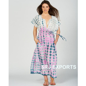 SRJ EXPORTS Tie Dye Bohemian Maxi <b>Dress</b> Cap Sleeve Criss-cross Neckline <b>Loose</b> Fit Ankle Length Pockets Chiffon Women's <b>Dress</b> - Product Image 1