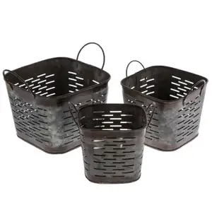 深色镀锌金属方形橄榄桶套装3方形复古桶储物装饰桶