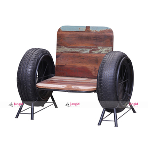 Sillón de exterior vintage contemporáneo de madera y metal con base de neumático y hierro para hotel, resort, restaurante, jardín, casa de campo - Product Image 2