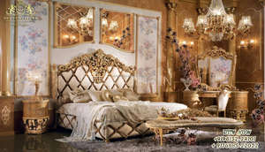 Lit en bois sculpté à la main royal en finition dorée, lit en teck sculpté à la main à dossier haut, lit en bois sculpté antique doré - Product Image 5