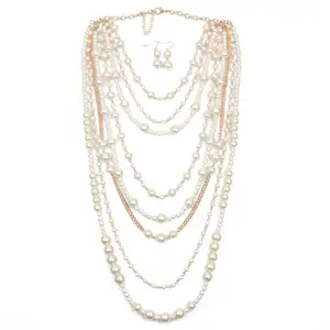 Multilayer Strand Chain Faux Pearl Flapper Beads Cluster Long Choker Necklace