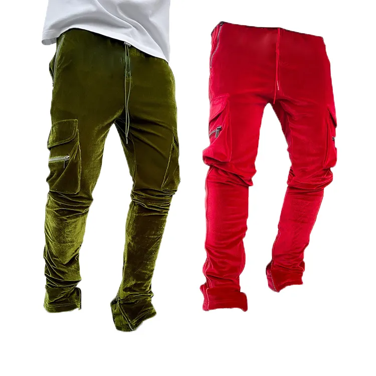 Custom logo green red high quality baggy stacked pants men's joggers velvet velour track pants mens with custom logo