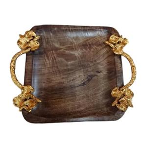 Elegant Uniquely Designed Wooden Serving <b>Tray</b> with Floral Pattern Featuring Stylish Metal Handles for <b>Food</b> Serving - Product Image 2