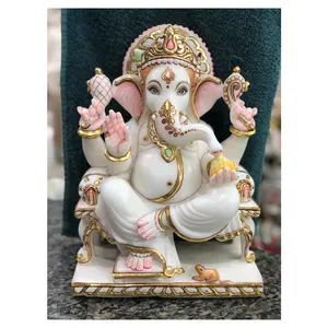 Beautiful White Marble Lord Painted Ganesha Statue