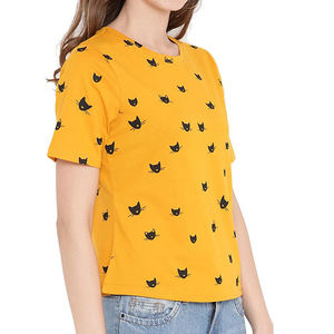 Camiseta de mujer de manga corta de algodón puro 100% de color amarillo OEM con estampado personalizado de 180Gsm, Camiseta estampada de verano para mujer - Product Image 2