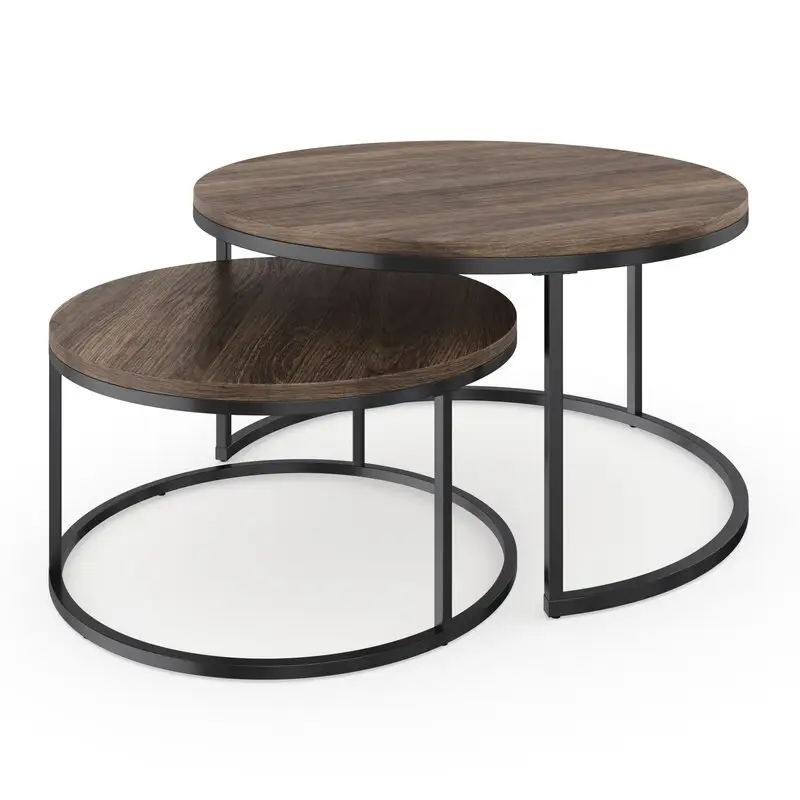 Table basse en bois et métal, de qualité supérieure et de luxe, cadre en fer arrondi 2 étagères, ensemble de 2 pièces