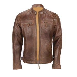 เสื้อแจ็คเก็ตหนังแท้บุผ้าฝ้ายทรงเข้ารูปสีน้ำตาลสำหรับผู้ชาย  แบบซิปเต็มตัว แฟชั่นเสื้อผ้าฤดูหนาว - Product Image 5