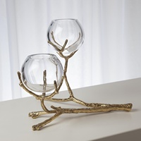 Boule de verre décorative de qualité supérieure avec branche en aluminium, finition or antique, vase à fleurs