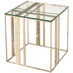 Modern Square Side <b>Table</b> with Toughened Glass Top and Shiny Brass Finished <b>Cheap</b> Steel Base for Home Hotel Restaurant Usage - Product Image 1