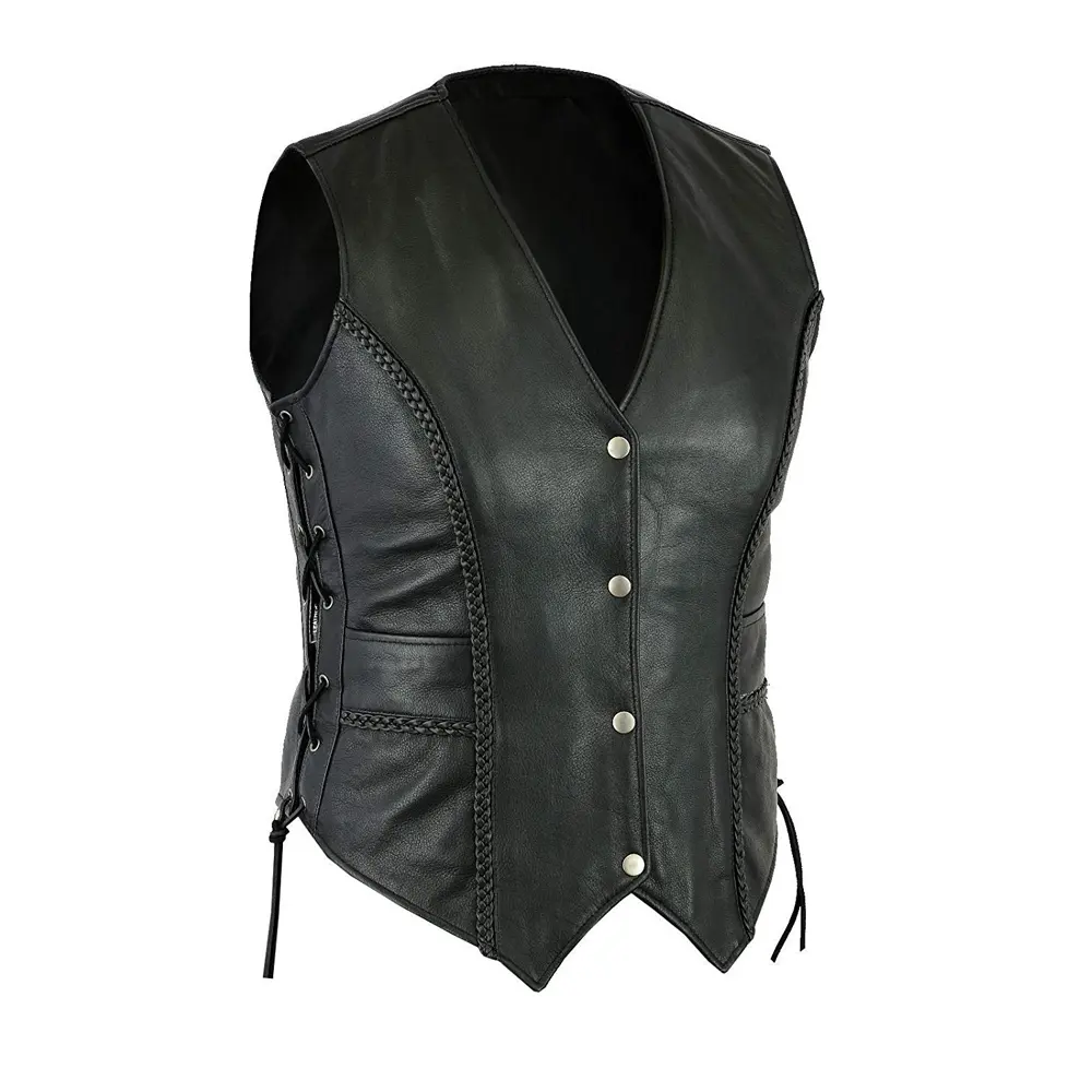 Winter new solid color leather high collar buttons design ladies vest / OEM Service Comfortable Leather Vest