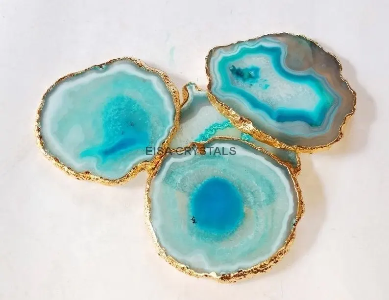 2023 Trending Products Bule Agate coasters Agate cup Coaster Gold Trim Semi Precious Stone Premium Crystals manufacturer