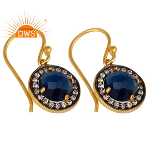 Pendientes de Gancho de Plata 925 Chapados en Oro de 14k, Pendientes de Circonita con Piedra Preciosa de Corindón Azul al por Mayor, Colección Clásica de Joyería - Product Image 1
