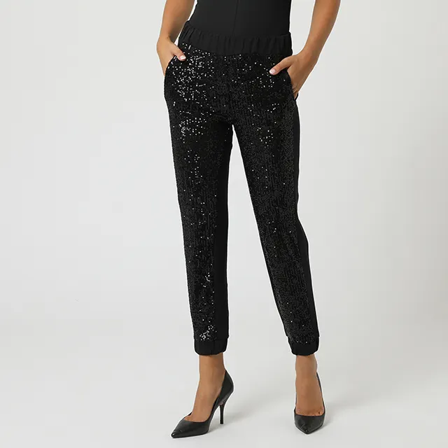 Super Fashion Made In Italy High Quality Woman Pants With Black Sequins Super Soft Fleece Cotton Fabric