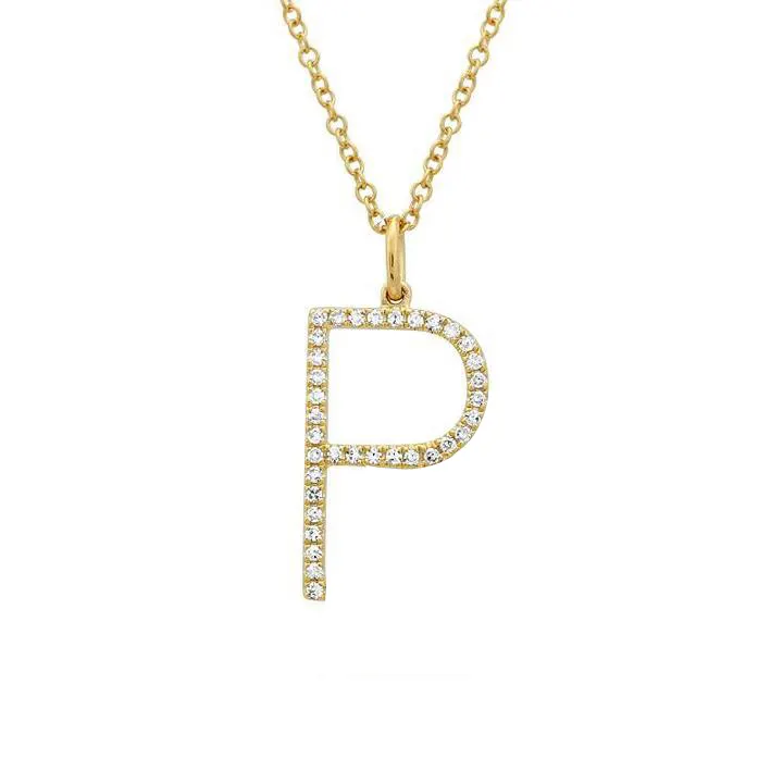 Collar de oro amarillo de 14k con diamantes naturales, joyería minimalista, colgante con inicial del alfabeto P, proveedores de joyería personalizados
