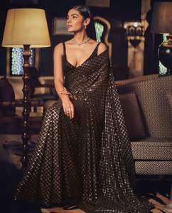 Sari en Georgette Marron Chaud Magnifique en Gros pour Femmes Style Indien Travail Brodé de Séquence Tenue de Fête Mariage Mode - Product Image 2