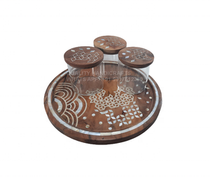 Coffret cadeau design unique pour le Ramadan Eid plateau incrusté de vadrouille en bois d'acacia pot en acrylique 3 pièces en acier inoxydable fer nacre Dessert - Product Image 3