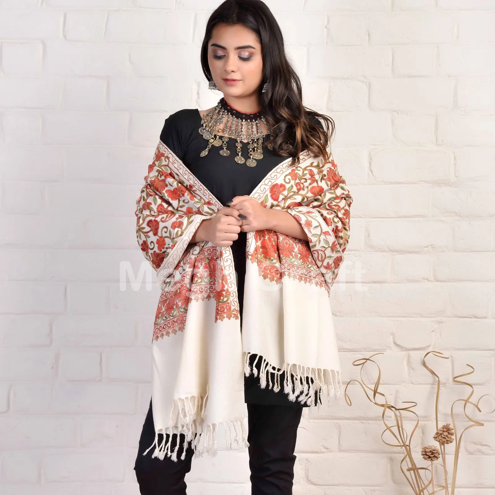 Kashmiri-chal bordado Floral, estola de lana de algodón, ropa elegante para niña, estola de Cachemira bordada