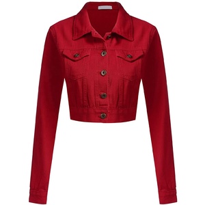 Chaqueta vaquera recortada con bolsillos para mujer, ropa de calle de manga larga con botones y diseño de Color personalizado - Product Image 1