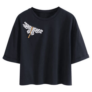 New Fashion Women's Crop <b>Top</b> with Sexy Short Sleeves Customized <b>Sequined</b> Patchwork Diamond Applique Decorations Made Mesh Fabric - Product Image 4