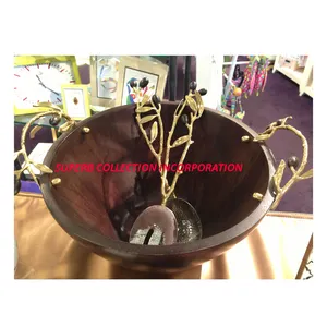 Luxury Wooden Soup Or Salad Decorative Bowls With Gold Branches Handles and Olive Branches Salad Server Hot Seller