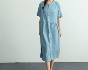 Light Blue Linen A-Line Floor-Length Formal Slits O-Neck <b>Short</b> Sleeve Regular Fit <b>Summer</b> <b>Dress</b> Button Front Solid Color Woven - Product Image 3