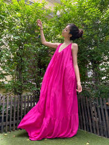 Verano tinte simple de las mujeres vestido largo Maxi vestidos de longitud completa francés suelto 100% algodón sin mangas vestido - Product Image 2