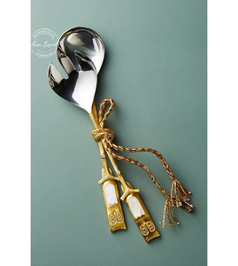 Juego de cuchara y tenedor para ensalada de diseñador de lujo con mango antiguo dorado perfecto para servir en fiestas y regalos - Product Image 2
