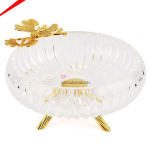 Servicio redondo de vidrio con soporte decorativo, tazón de servicio con acabado de cobre, para mesa de boda - Product Image 6