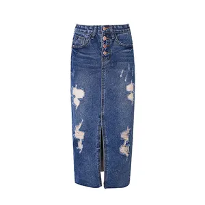 Personality ladies denim bust skirt a-line high-waisted jean skirt slit ripped mid-length one-step skinny skirt