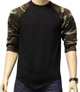 Basic <b>Black</b> Solid Camo Raglan Sleeve Design T <b>Shirt</b> Turtleneck Round Hem Regular Fit Single Jersey Men's T <b>Shirt</b> - Product Image 2