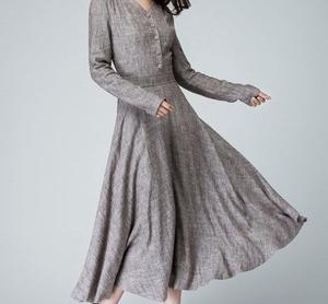Robe longue à col en V et manches longues, coupe trapèze, 100 % lin, couleur unie, respirante, formelle, avec broderie à pompons, gris - Product Image 4