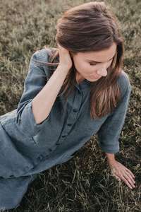 New arrival fashionable trending latest design gray color crepe fabric turn-down collar half sleeve knee-length <b>women</b> <b>linen</b> dres - Product Image 3