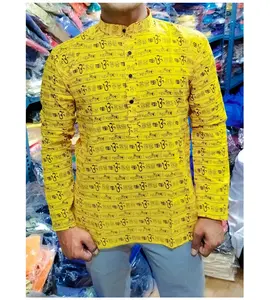 Casual Wear Om Printed Cotton Short Kurta For Mens