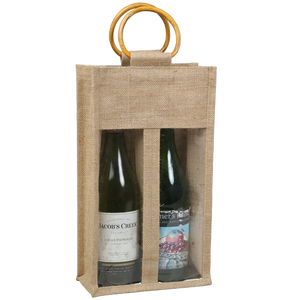 Sacs pour bouteille de vin en jute 100% de jute biodégradable écologique avec fenêtre en pvc et poignée en rotin - Product Image 2