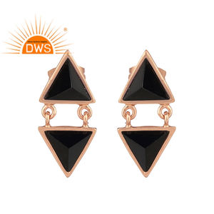 Pyramid Cut Black <b>Onyx</b> Gemstone Rose Gold Plated Brass Fashion Stud <b>Earring</b> Jewelry Classic Collection - Product Image 1