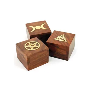 Wooden Box Set von 3 mit Brass Pentagram Wooden Box With triple mond symbol Inlay Small holz box hersteller India