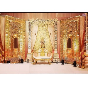 South Indian Wedding Luxury Stage Decor Indian Wedding Gold Theme Stage Design Trending Wedding Reception Golden Stage - Product Image 1