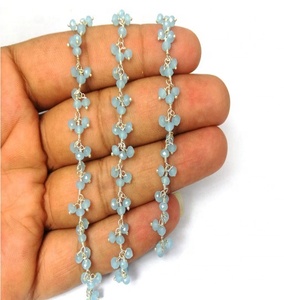 Aqua Calcédoine Argent Plaqué Fil Enroulé Perlé Gemstone Dangle Chaîne - Product Image 1